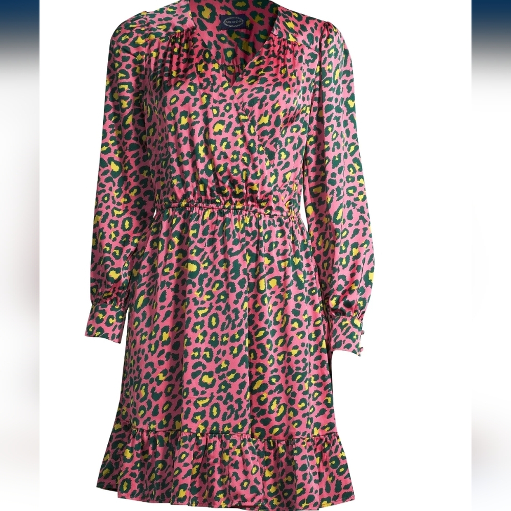 NWT Scoop Surplice V Neck Long Sleeve Ruffle Hem Dress, M (8-10), Pink Multi